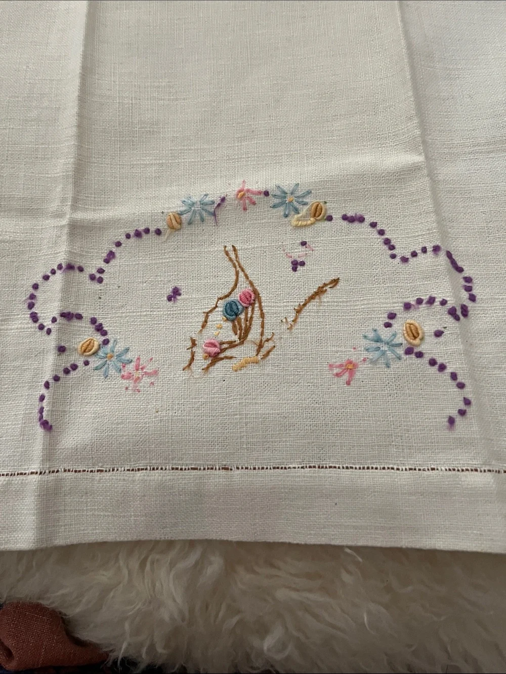 Embroidered Floral Linen Hand Towel in White with Pastel Accents
